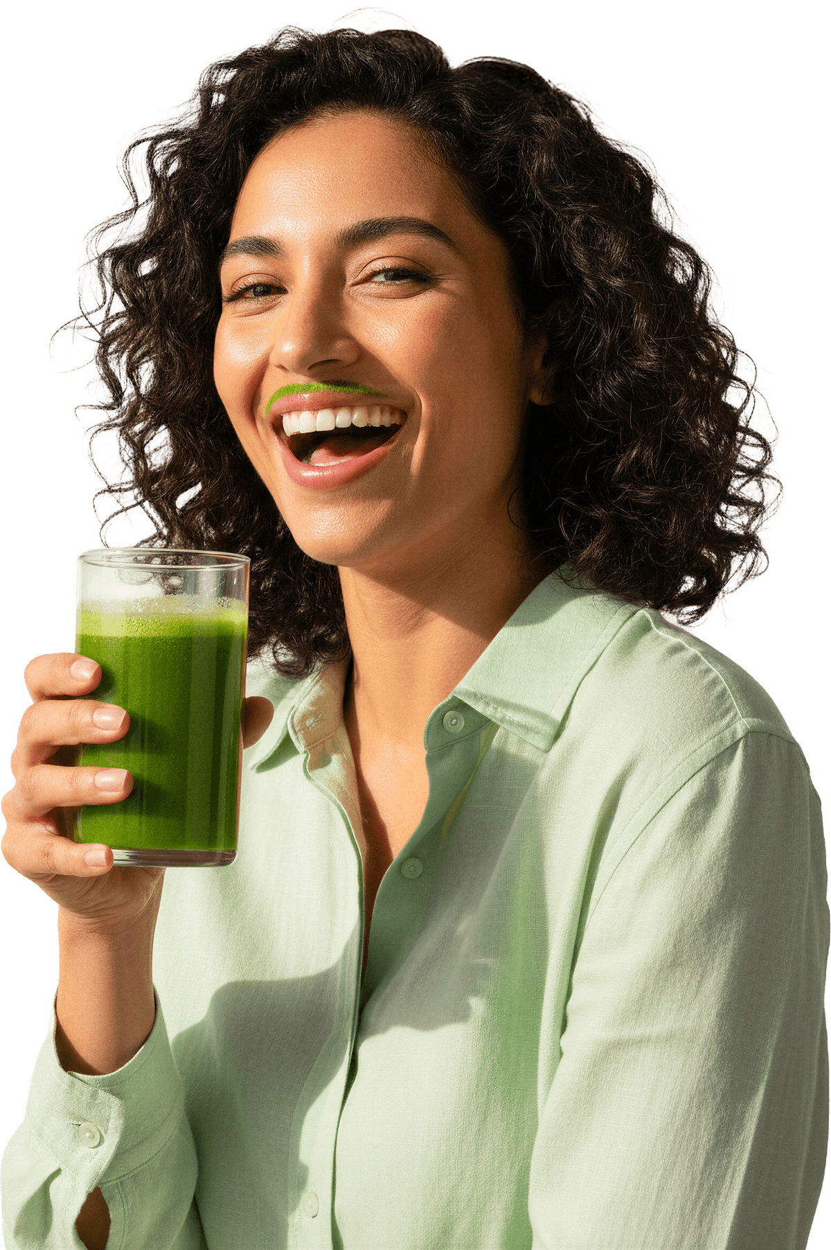 Woman enjoying AvoKind Green Boost freeze-dried smoothie mix